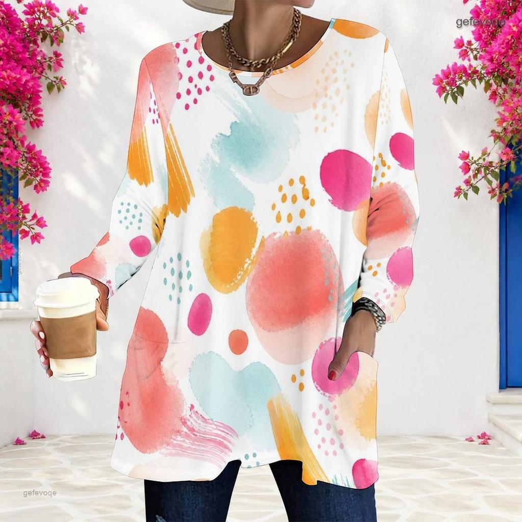 Women Plus Size Round Neck Long Sleeve Printed T Shirt Loose Fit Pockets Longline Top