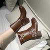 2024 Spring and Autumn New Women's Ankle Boots Women's Retro Brown Belt Buckle Round Toe Solid Color Women's Shoes Zapatos