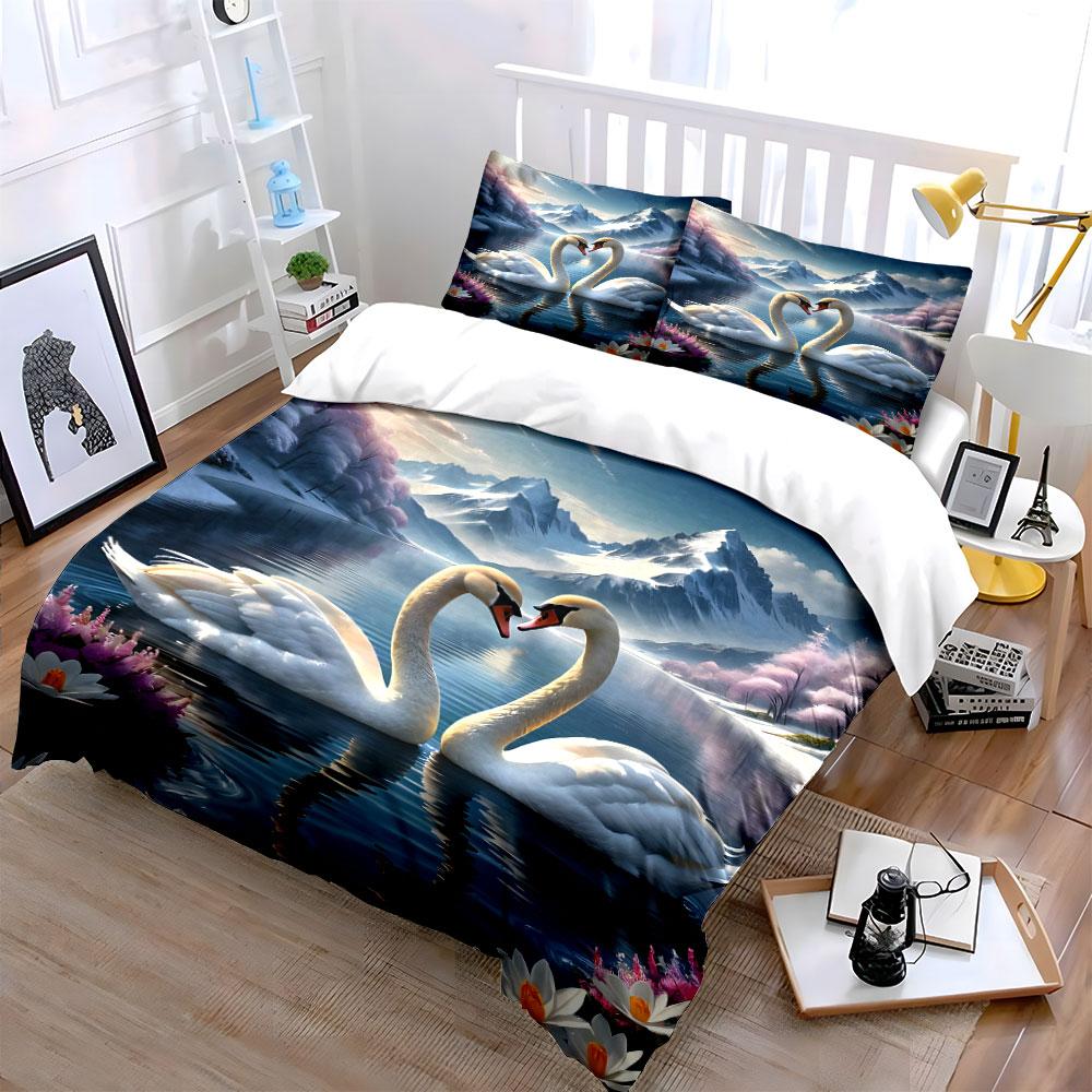 Two swans, mountain lake. Bedding sets Duvet cover sets Duvet covers Pillowcases(1 * Duvet Cover 2 * Pillowcases without duvet insert)