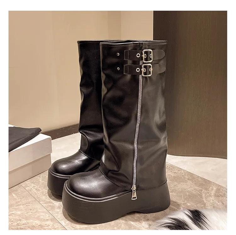 Кисточки Сапоги для Женщин Ретро Готический Тренд Женские Сапоги Челси Средний Каблук Мотоциклетные Сапоги Женская Мода До Колена Ботас