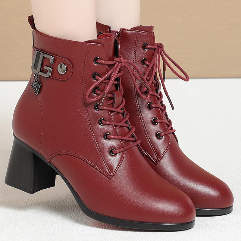 Women Soft Leather Ankle Boots Antumn Winter Women Plush Fur Warm Shoes British Style Lace Up Female High Heel Short Boots