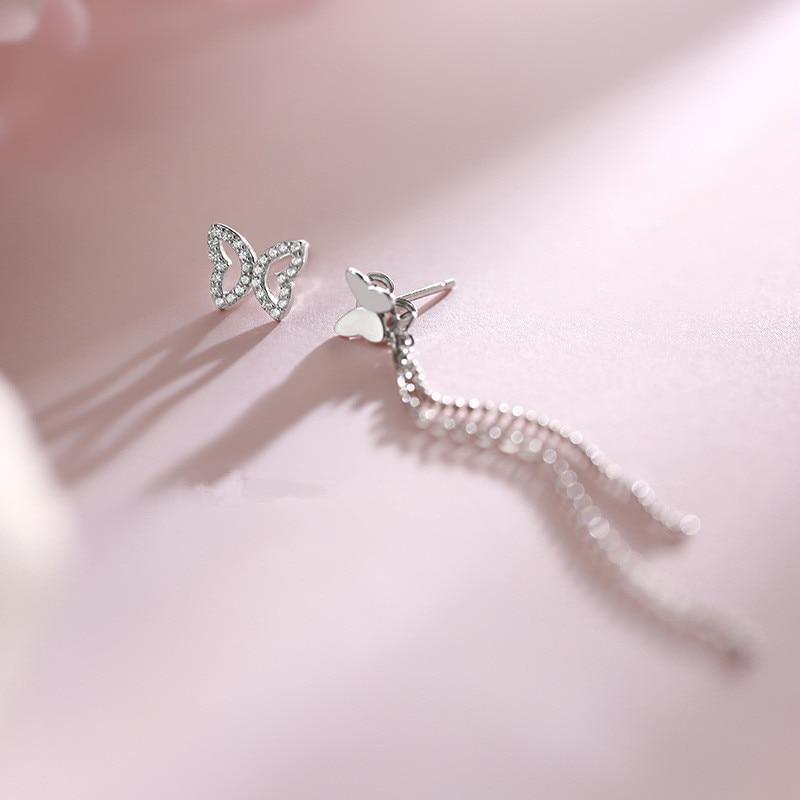 925 Sterling Silver Asymmetry Tassel Crystal Butterfly Stud Earring for Women Party Jewelry Pendientes Accessories Eh1649
