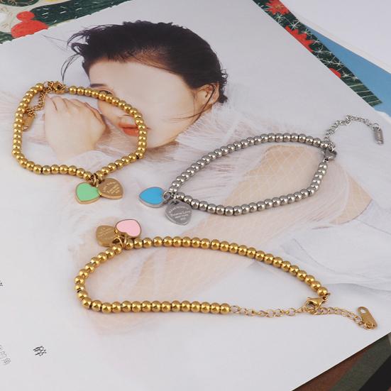 Women Beaded Enamel Bracelet Adjustable Length Heart Charm Titanium Steel Bracelet Stress Relief Happiness Meaningful Jewelry