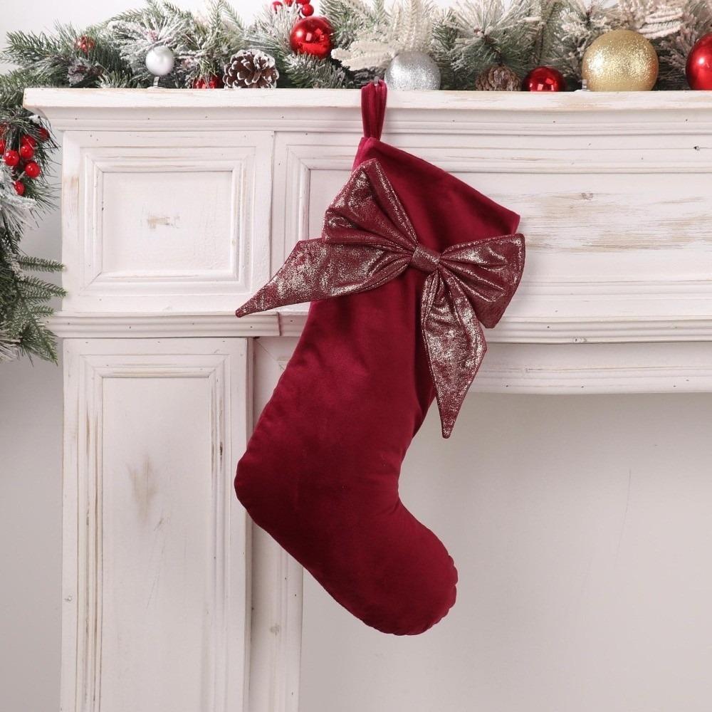 Seasonal Big Bow Christmas Stocking Velvet Candy Bag Christmas Pendant Fireplace Ornament Christmas Tree