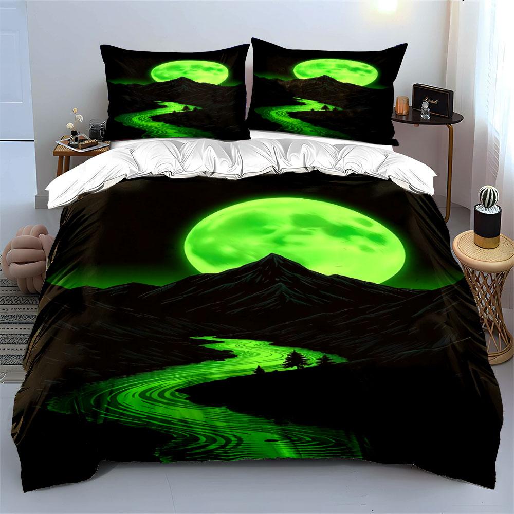 Glowing moon, mountains, river. Bedding sets Duvet cover sets Duvet covers Pillowcases(1*Duvet Cover 2*Pillowcases without duvet insert)