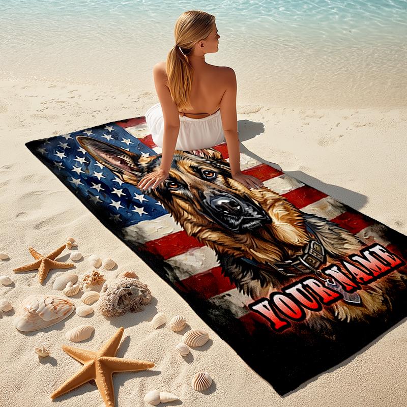 1PC Custom Name American Flag German Shepherd Beach Towel Highly Absorbent And Sand-Resistant Towel for Swimming, Pool, Yoga, And Travel Lightweight