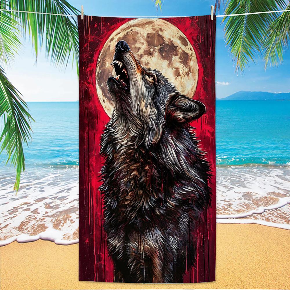 Cherry Blossom Wolf Beach Towel, Japanese Ink Style Print Towel, for Art Lovers Summer Camping Yoga Use