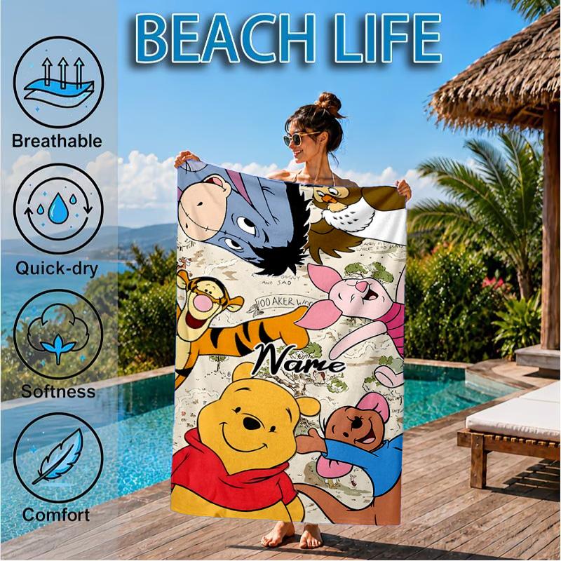 Custom Name Cartoon Pooh Microfiber Beach Towel, Quick-Dry, for Summer Travel, Beach Essential, Picnic Essentials, Swimming Pool
