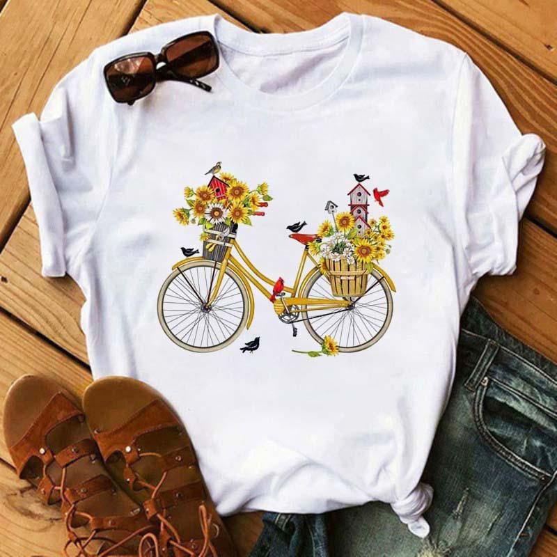 Funny Bicycle With Sunflower Women Tshirt Summer Harajuku Short Sleeve White T Shirts Cartoon Casual