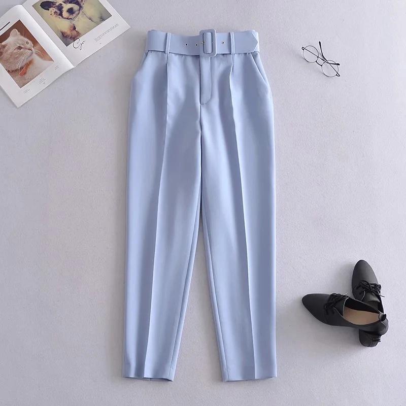 Pants Suit Women High Waist Sashes Pockets Middle Aged Long Pant