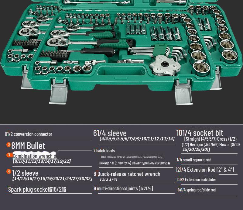 Набор из 121 инструмента: гаечный ключ с храповым механизмом и торцевой головкой с удлинителями