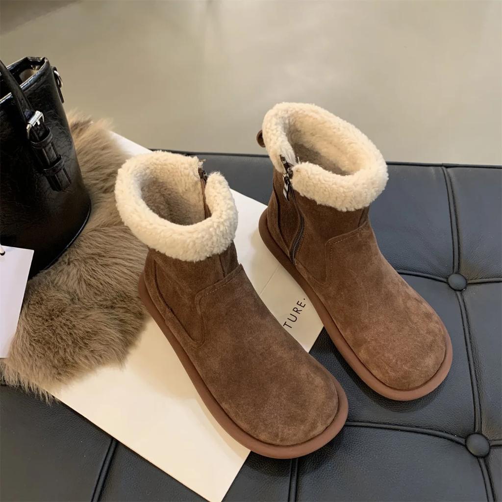 Suede Flat Women Snow Ankle Boots Designer Fur Short Plush Cotton Shoes 2025 Trend Warm Side Zipper Winter Snow Botas De Mujer