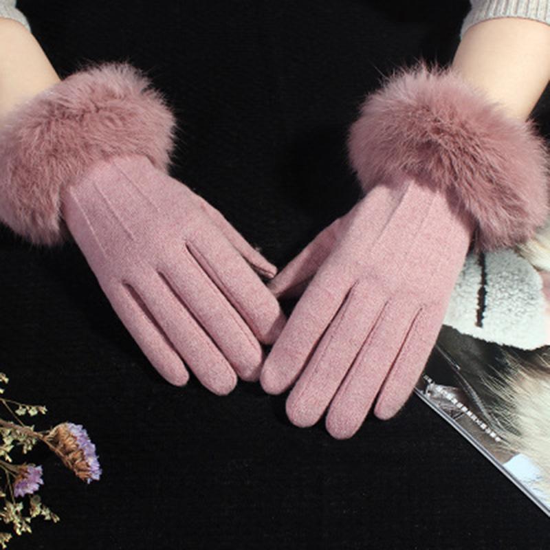 Rabbit Fur Gloves Female Winter Velvet Thicken Warm Mittens Cashmere Full Finger Embroidery Wool Touch Screen Driving Gloves H65