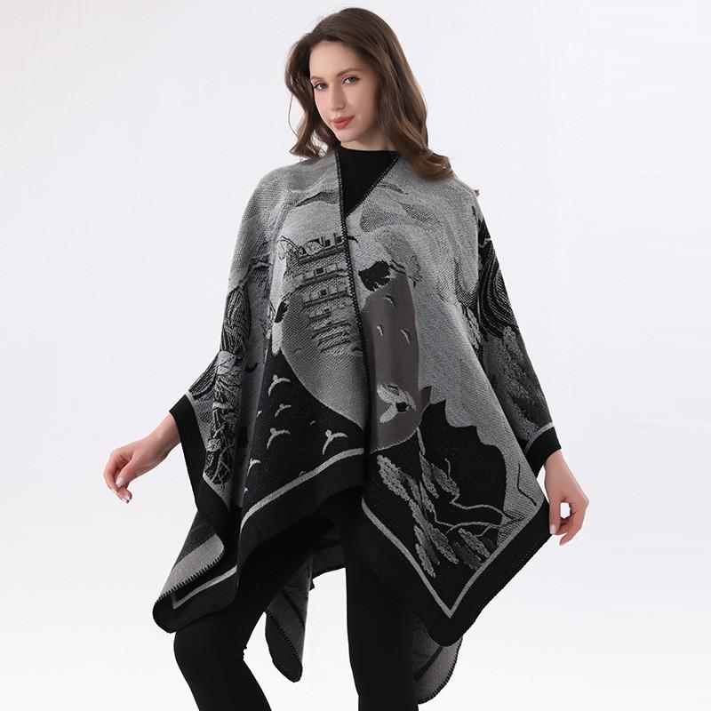 Retro Ethnic Knit Shawl Cape Double-sided Warm Women Fashion Outerwear