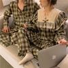 Korean Autumn/Winter Flannel Plaid Couple Pajamas with Lace V-Neck Long Sleeves