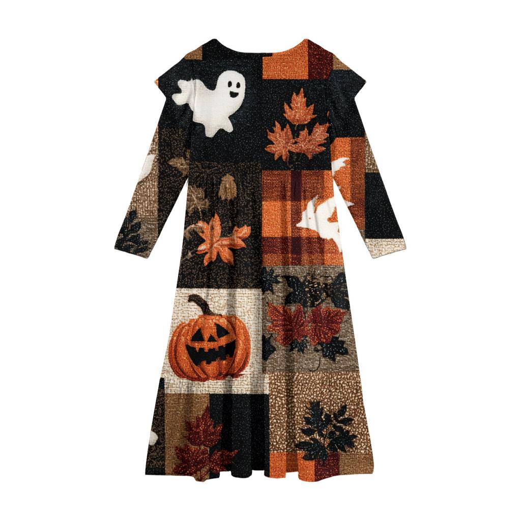 Платье с многоярусными оборками для девочек на Хэллоуин - Макси с длинным рукавом и принтом, с карманами