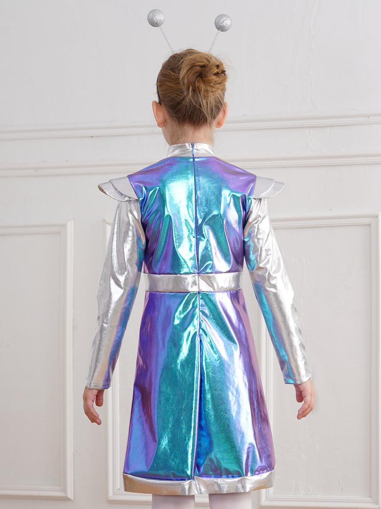 Костюм для косплея пришельцев для маленьких девочек, костюм милашки из космоса, металлическое платье с обручем для волос, наряд астронавта на Хэллоуин