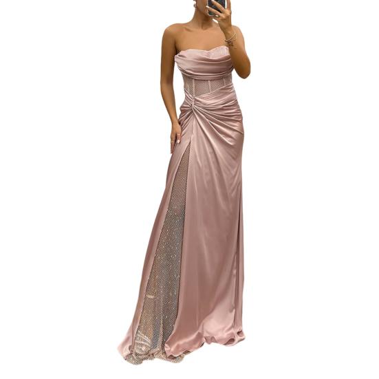 Lady Evening Dress Bandeau Off Shoulder Sleeveless Pleated Knot Mesh Patchwork Shiny Sequin Ball Gown Satin Floor Length Banquet Prom Maxi Dress