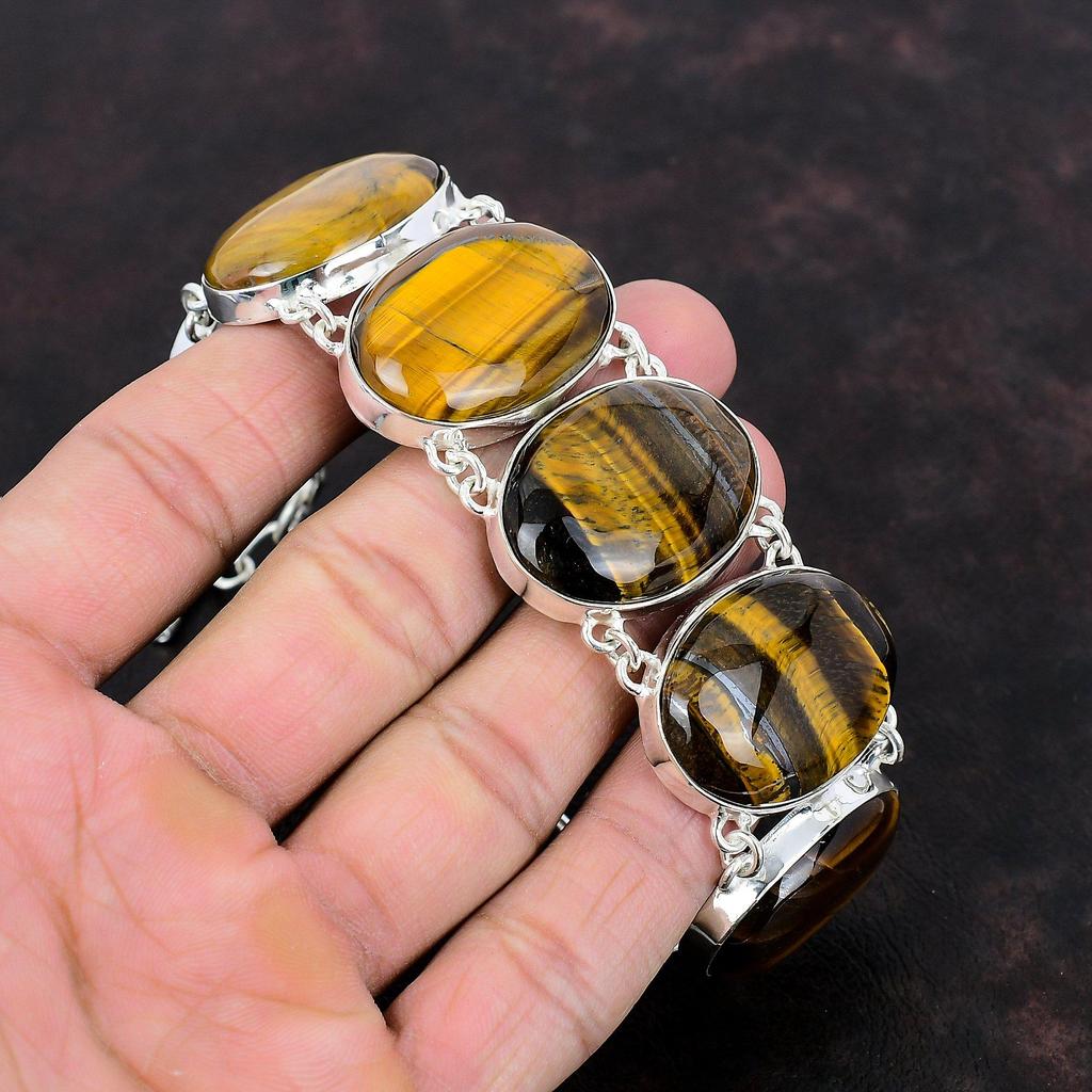 Браслет «Тигровый глаз» Ювелирные изделия из камня ручной работы Браслет из стерлингового серебра 925 пробы Уникальные ювелирные изделия из драгоценных камней Регулируемый браслет-цепочка Подарок для нее