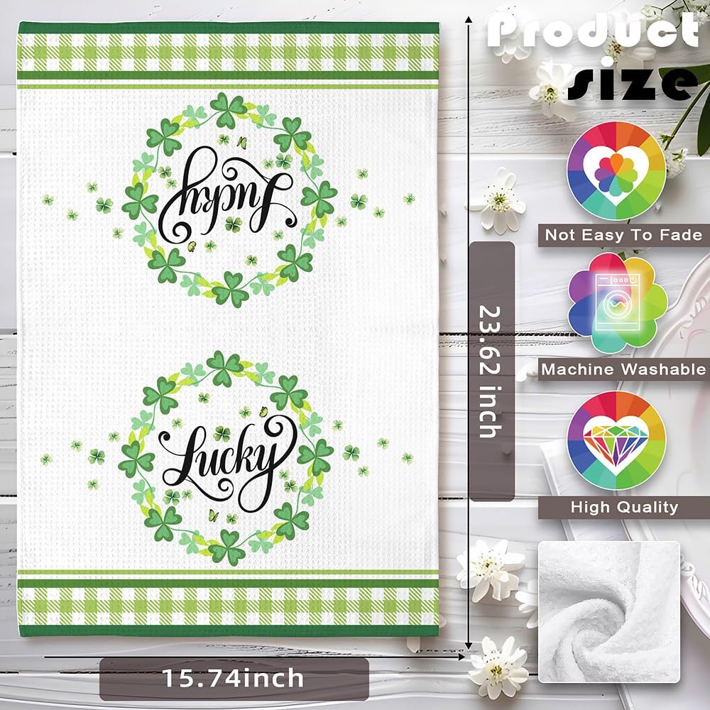St Patricks Day Luck Green Kitchen Towels - Shamrock Wreath Quick-Dry Embroidered 'Lucky' Centerpiece Art, Irish-Themed Decorative Hand Towel for