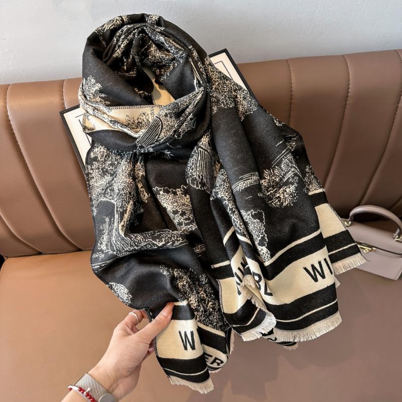 Landscape painting imitation cashmere scarf women's high-end office air-conditioned room thickened warm long trendy scarf