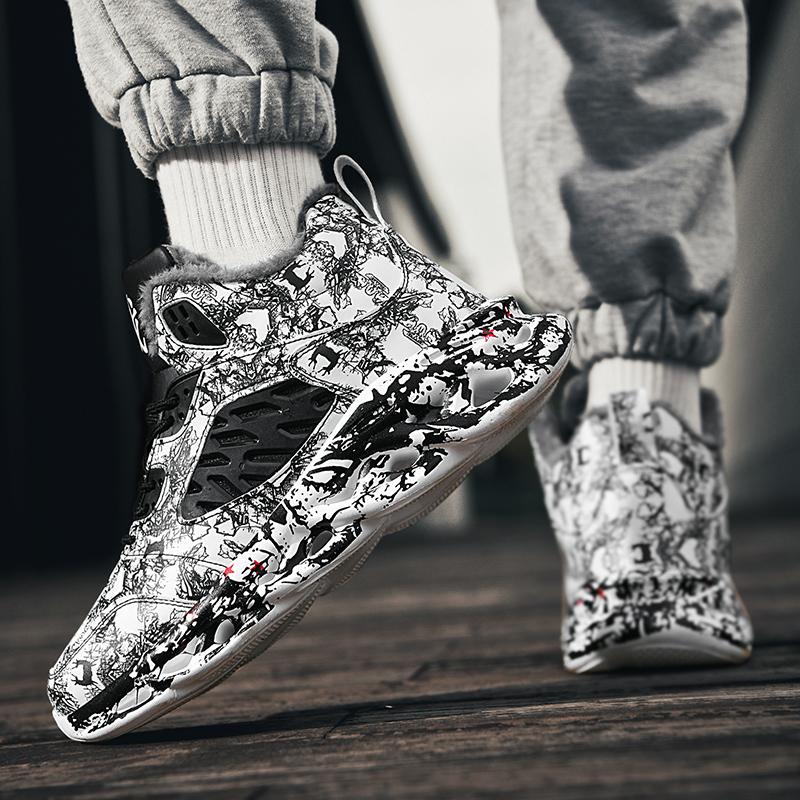 TUINANLE Мужские зимние ботинки с принтом граффити, зимние плюшевые теплые кроссовки на платформе, нескользящие, мужская спортивная обувь