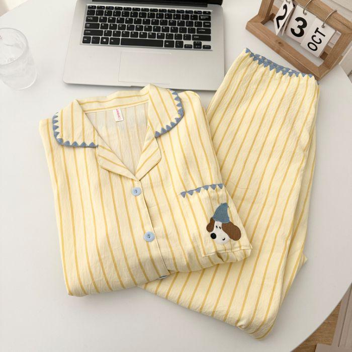 Женский пижамный комплект из облачного хлопка в желтую клетку с отделкой по краю в виде ракушек - С длинным рукавом, для дома на весну/осень, с ощущением высокого качества.