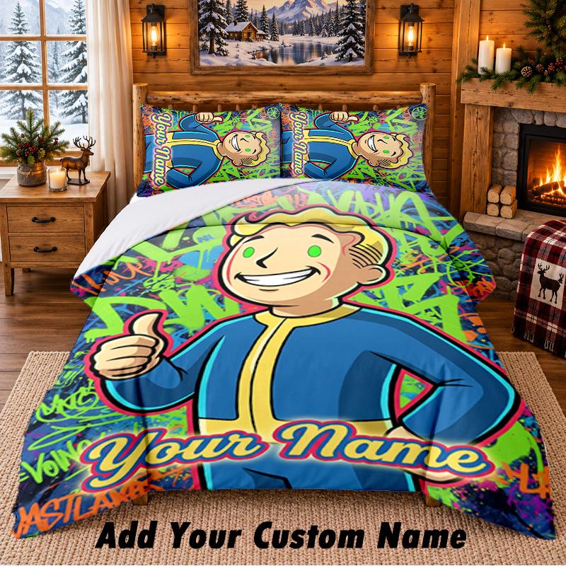 Fallout Vault Boy Custom Name 3Pcs Bedding Set 1 Bed Sheet 2 Pillowcases Bedroom Home Decor