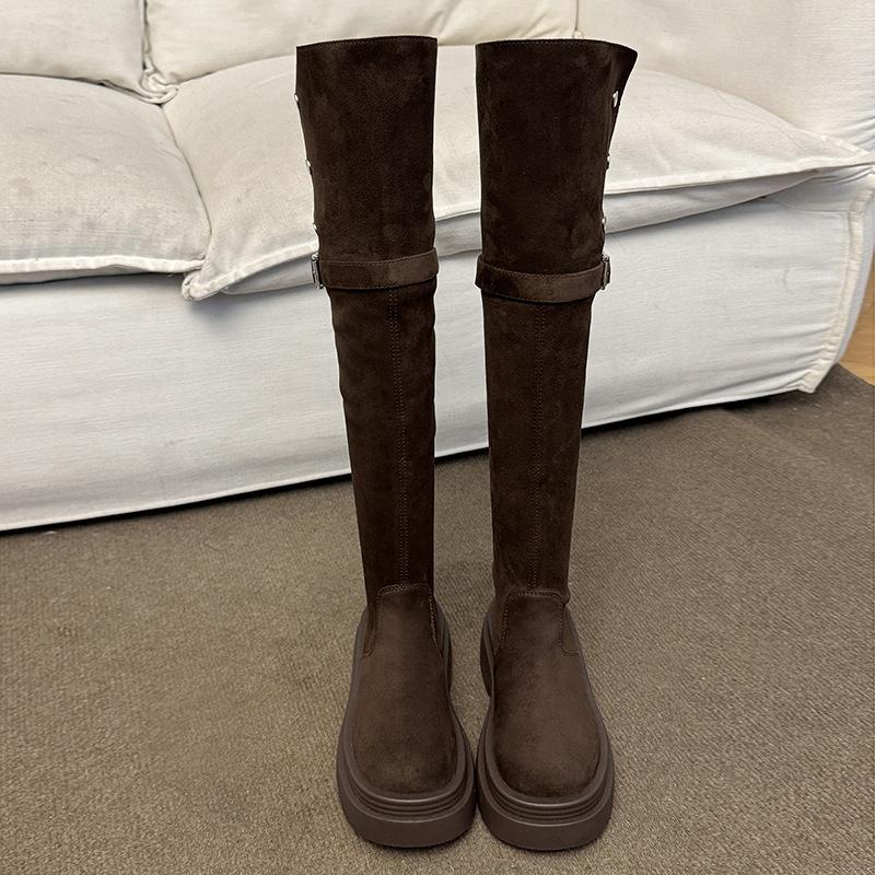 Женские сапоги на толстой подошве 2025 новая осень и зима замшевые ботфорты женские тонкие высокие сапоги-рыцари