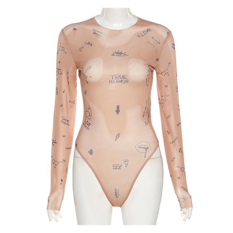Sexy Tight-fitting One-piece Top Women Long-Sleeved Bodysuits O-Neck Basic Party Wear Print Summer Wild Slim Bodysuits