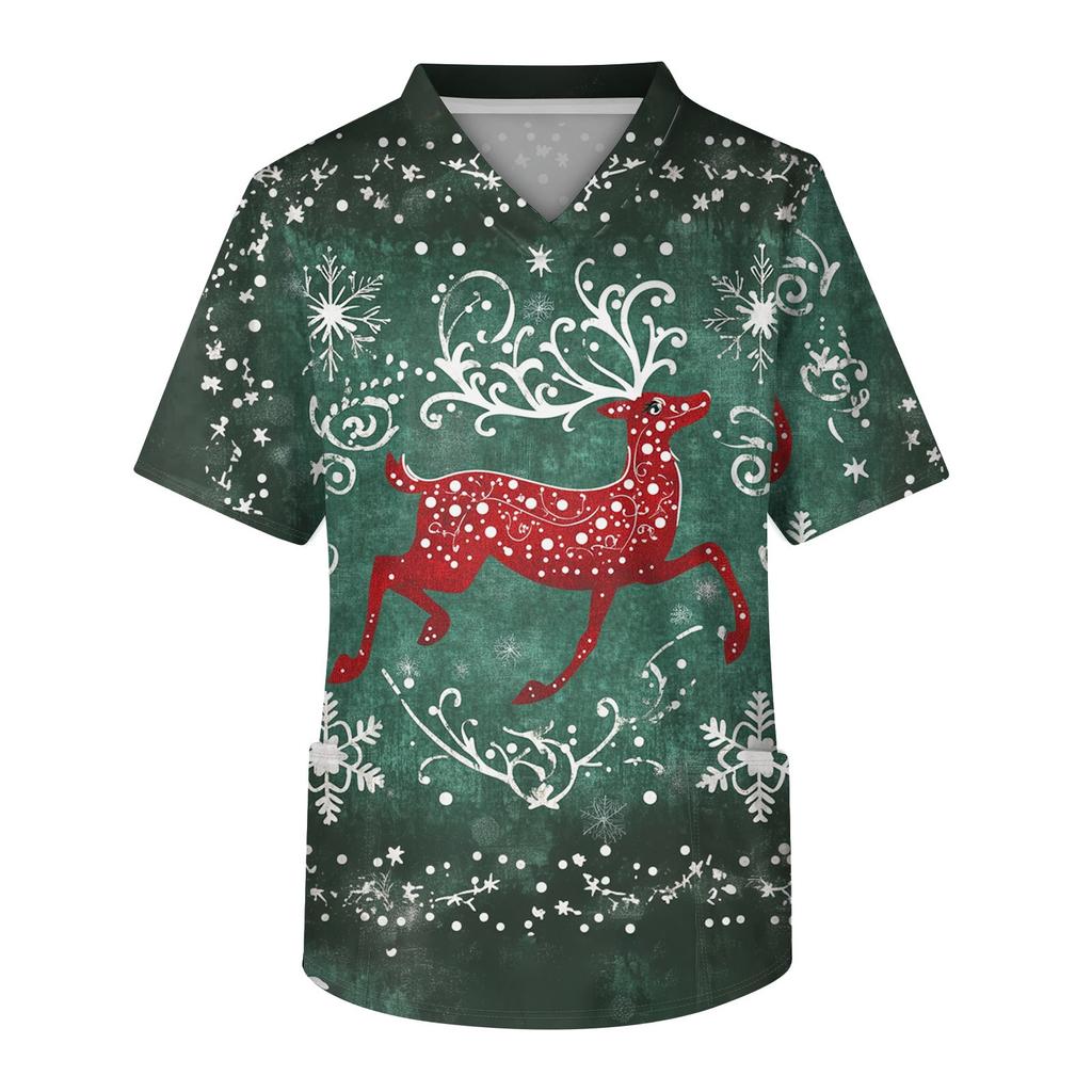 Мужской топ с коротким рукавом, V-образным вырезом, рождественским принтом и нагрудным карманом