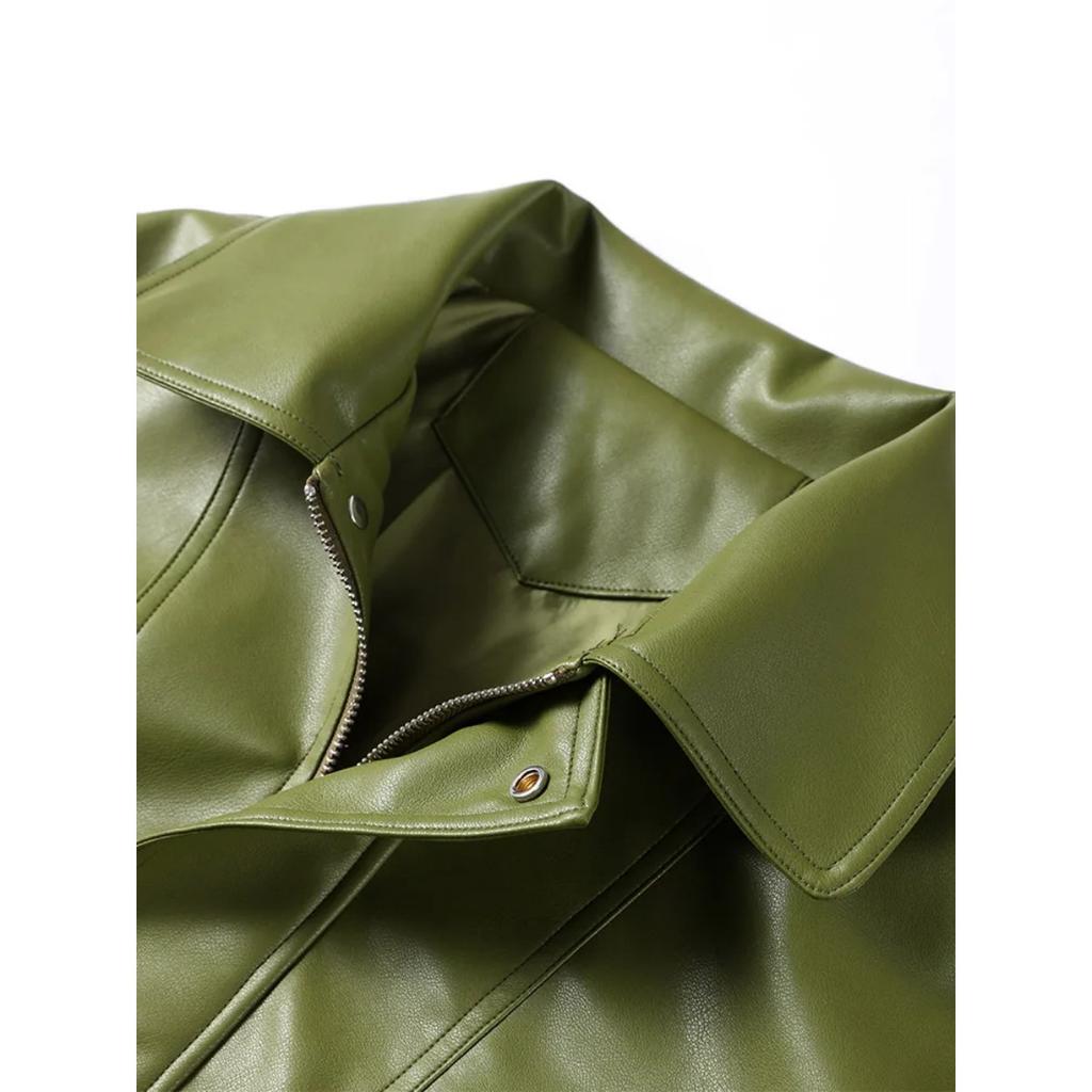 Оливково-зеленая кожаная куртка, пальто, силуэт, винтажный, уличный тренд, молния, лацкан, короткое пальто, свободный повседневный топ, верхняя одежда, осень
