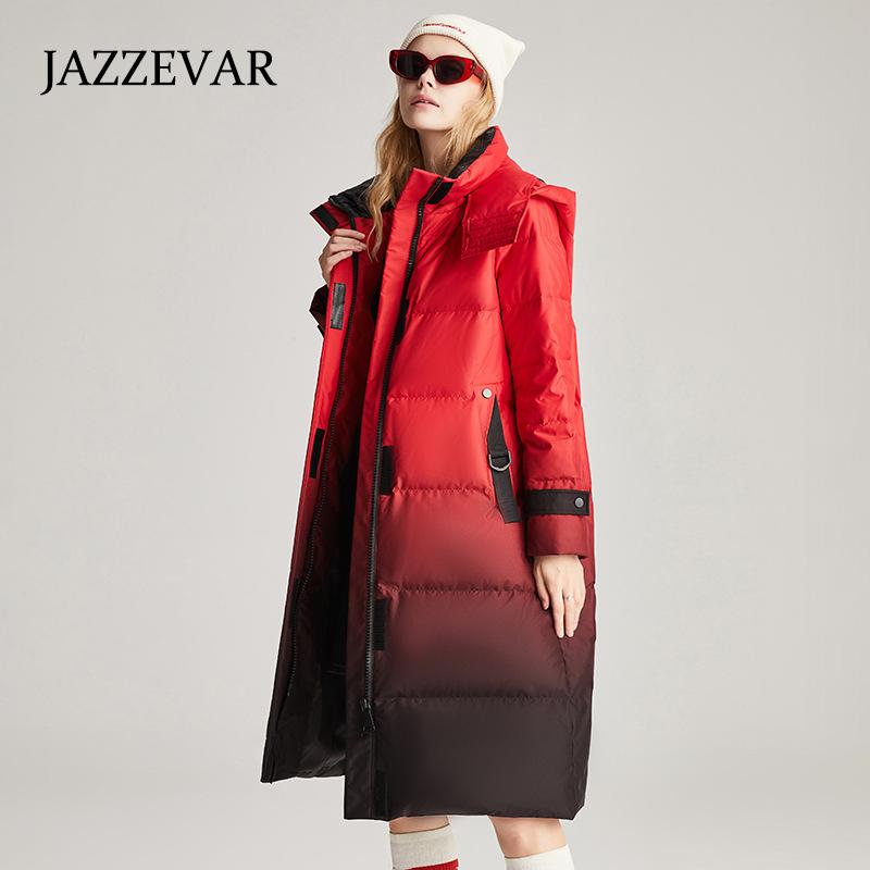 JAZZEVAR Женский длинный утолщенный пуховик, зимнее новое свободное контрастное пальто с капюшоном