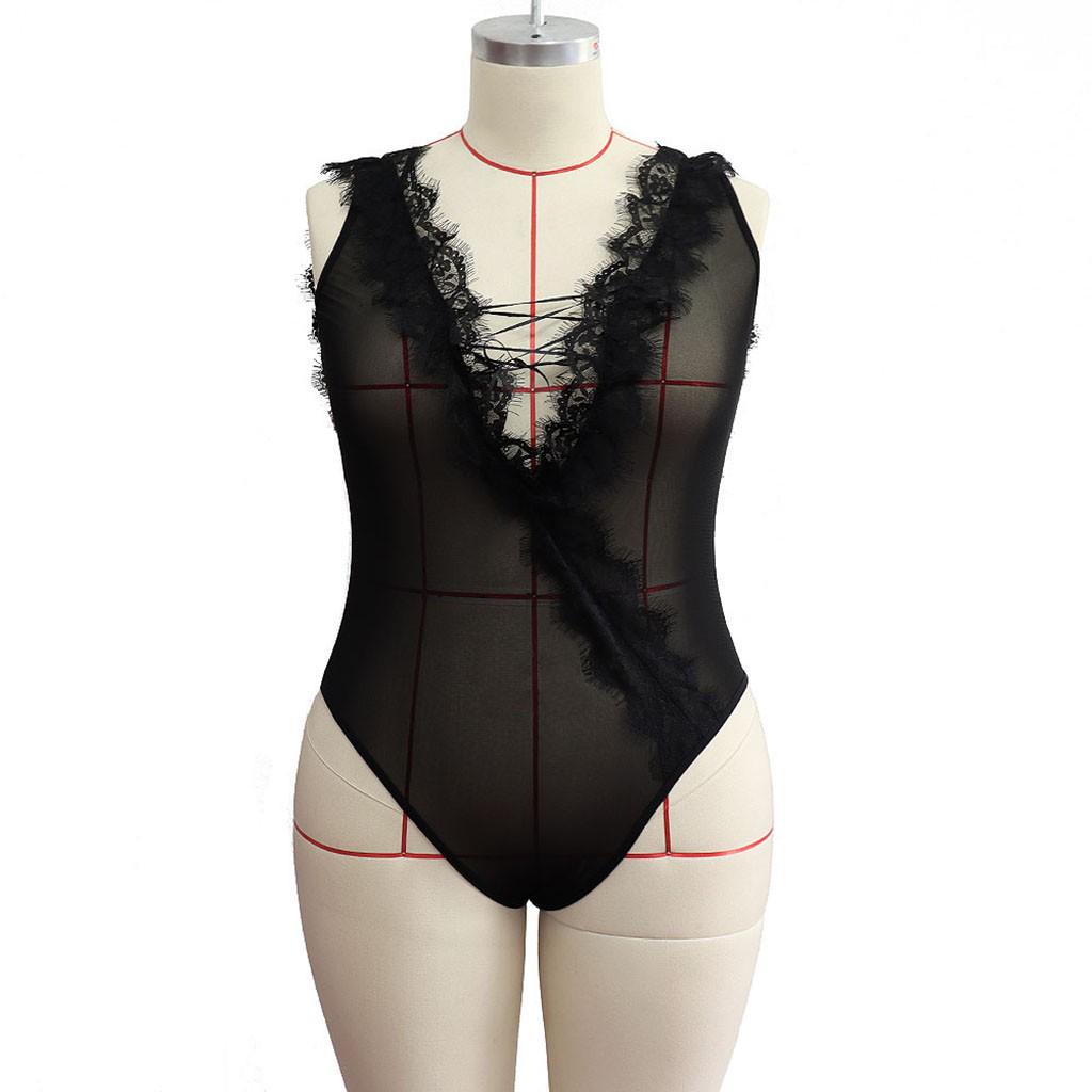 Women Plus Size Sexy Underwear Pajamas Lingerie Deep V-Neck Backless Bodysuit