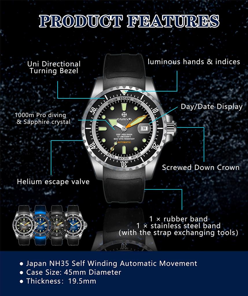 ENRIVA NH35 Спортивные дайверские часы, Автоматические, Отображение даты, Водонепроницаемость 1000 м, Сапфировое стекло, Мужские (Черный, ящик для инструментов в комплекте)