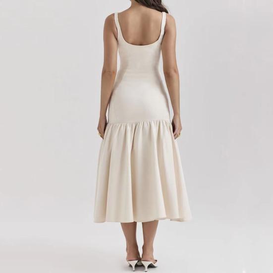 Женское вечернее платье с рюшами на подол, большие качели, облегающее платье без рукавов с открытой спиной, однотонное, с низким вырезом, плиссированное платье для выпускного вечера, длиной до середины икры, миди-платье