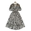 Tea break retro printed dress summer new waist and thin temperament lantern sleeve split knee dress