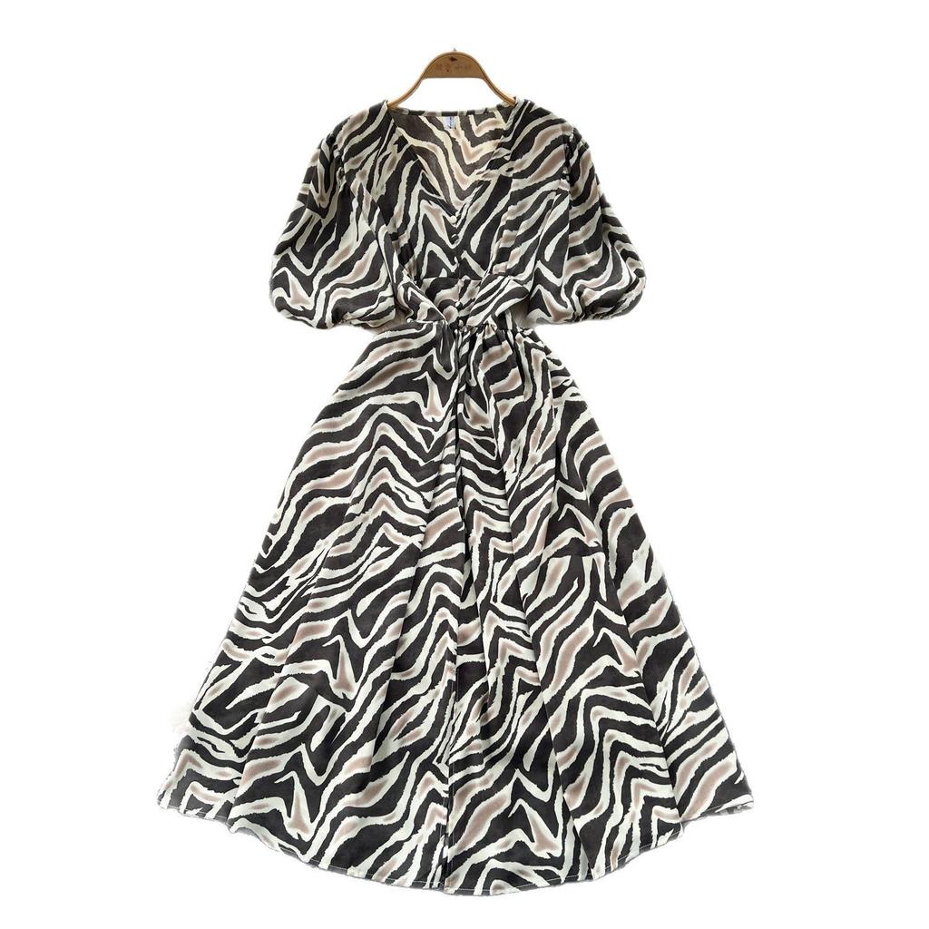Tea break retro printed dress summer new waist and thin temperament lantern sleeve split knee dress