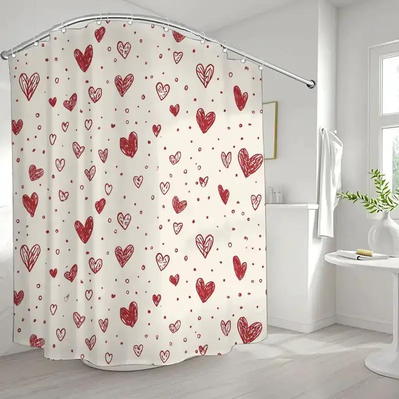 Red Heart Shower Curtain Cream Background Waterproof Anti Mold Bath Liner Romantic Valentine Decoration For Bathroom Home
