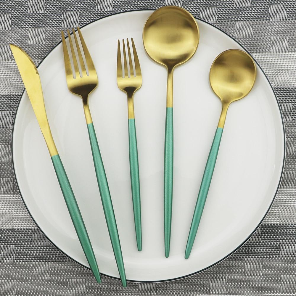 1pcs Green Metal Dinnerware Reusable Gold Flatware 304 Stainless Steel Cutlery Knife Fork Spoon Dessert Tea Kitchen Tableware
