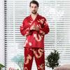 Men's Stain Silk Pajama Set Men Dragon Printed Soft Cozy Satin Nightgown Women Couples Sleepwear for Male