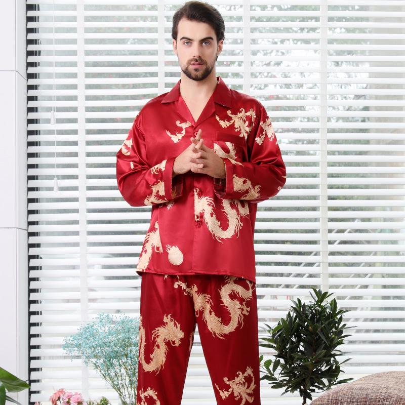 Men's Stain Silk Pajama Set Men Dragon Printed Soft Cozy Satin Nightgown Women Couples Sleepwear for Male