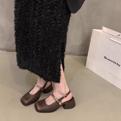 Темпераментные туфли Мэри Джейн на грубом каблуке 2024 Новые летние туфли-лодочки с открытой пяткой и ремешком с пряжкой в форме буквы Т, квадратный носок, высокие каблуки