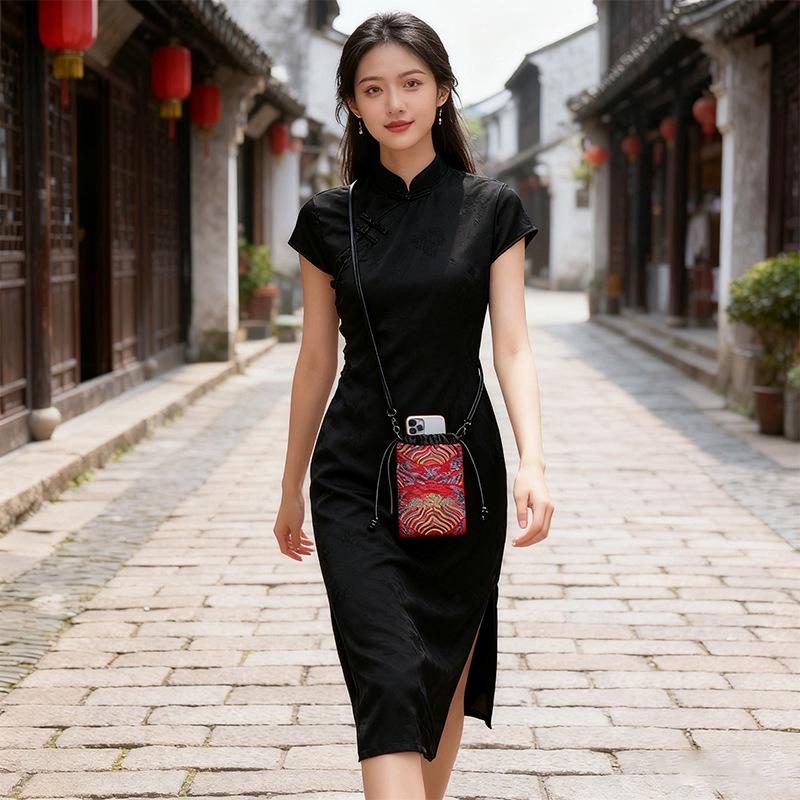 Xiangyunsha Brocade Mulberry Silk Crossbody Bag with Seawater River Cliff Pattern - New Chinese Style Shoulder Bag for Women.