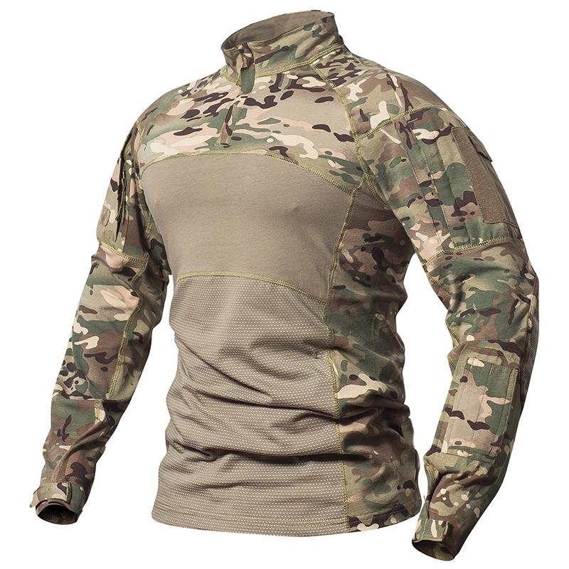 Camouflage Tactical Combat Shirt Men Cotton Long Sleeve Camo Military T Shirt Stretch Paintball Multicam Uniform Clothing