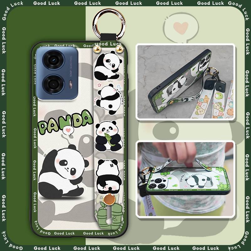 Panda Back Cover Phone Case For MOTO G24 Power Wrist Strap Lanyard Shockproof Fashion Design Durable Anti-dust Ring Cute