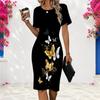 Women Plus Size Black Pink Butterfly Floral Printed Round Neck Short Sleeve Fitted Dress