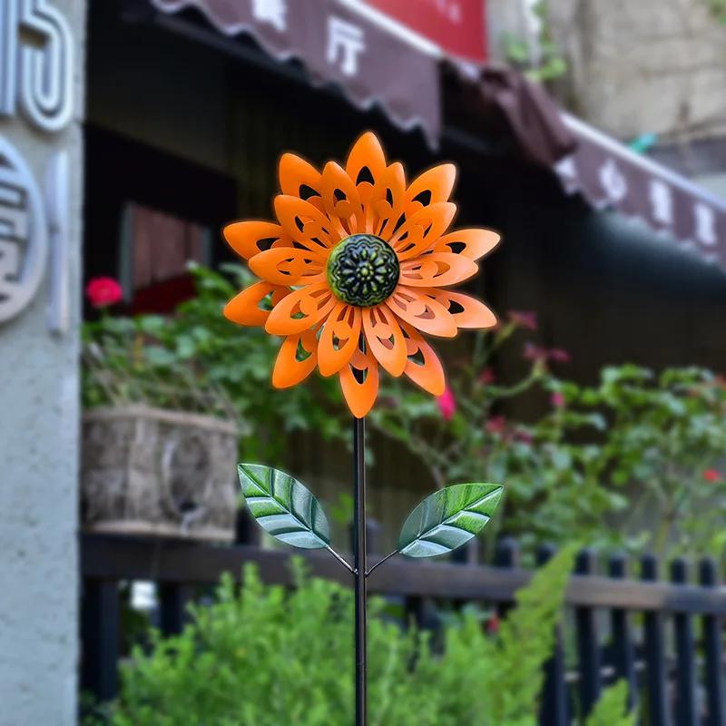 Garden Windmill Spinner Metal Sunflower Flower Model Decoration Outdoor Garden Courtyard Standing Lawn Flower Climbing Support