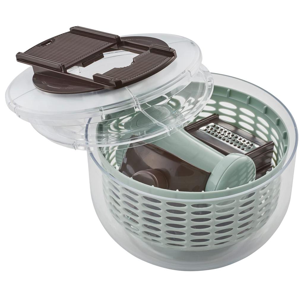 Набор для нарезки салата Push Salad Spinner, высокая скорость вращения, тщательное удаление тонкого жира, включает в себя безопасный держатель, компактное хранение [Toffy] и K-HC10 2-в-1, ломтики/тонкие