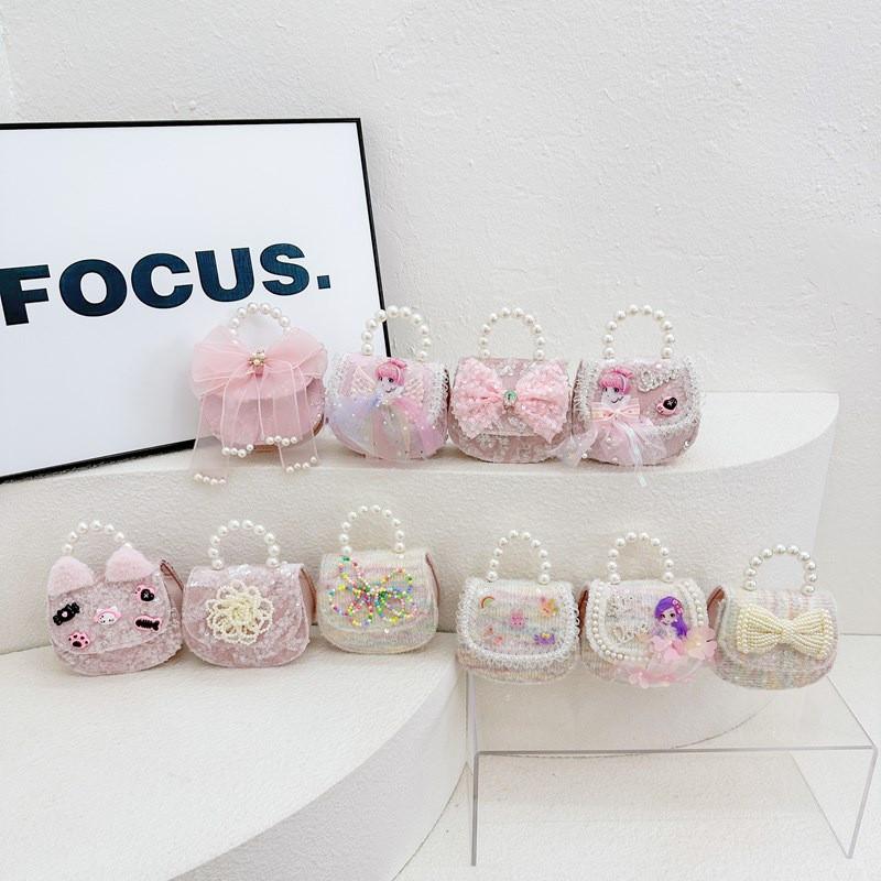 Crossbody Bowknot Girls Bag Sparkly Cartoon Shoulder Bag With Pearl Chain Strap